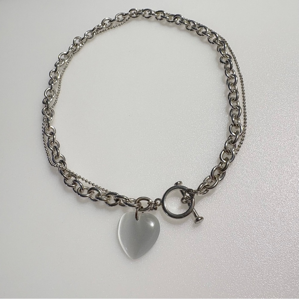 Silver Tone Chain Frosted Glass Heart Bracelet